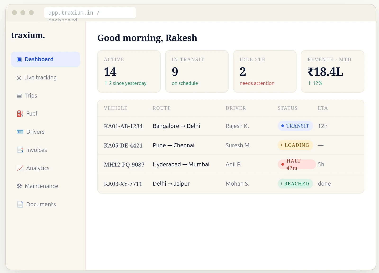 Traxium operations dashboard — active, in transit, idle and revenue, with a trip board of vehicle, route, driver, status and ETA
