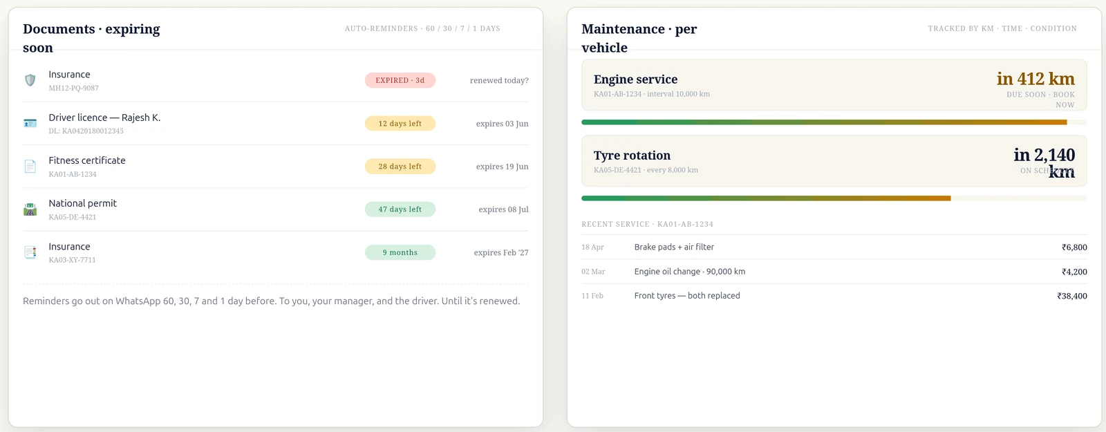 Traxium documents expiring soon and maintenance due per vehicle