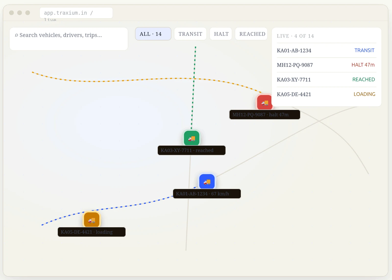 Traxium live fleet map — every truck with transit, halt, reached and loading status